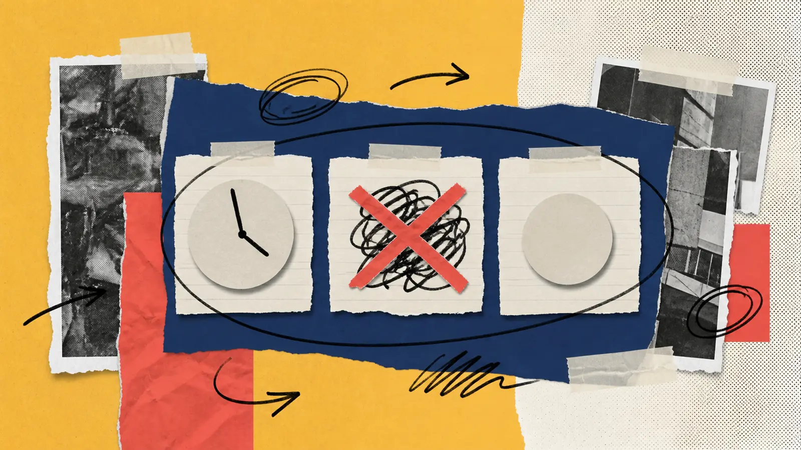 Paper collage: three torn index cards taped to a navy block, showing a paper clock face, a scribble crossed out in coral, and a plain paper coin
