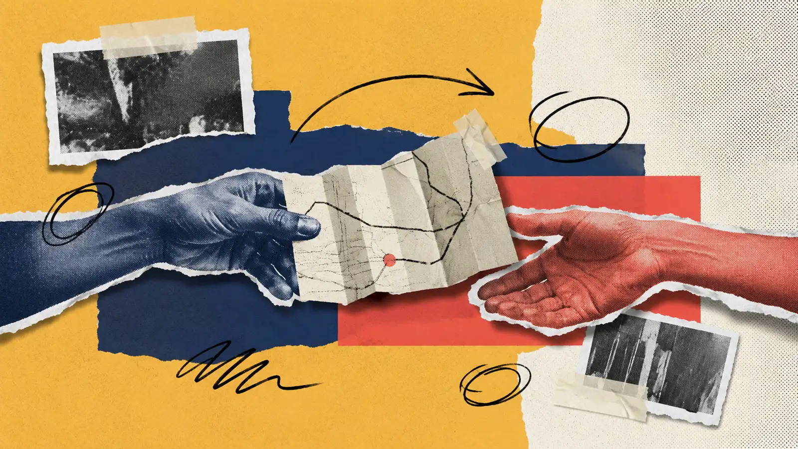 Paper collage: a navy paper hand passing a folded paper map to a coral paper hand, a strip of tape on the corner