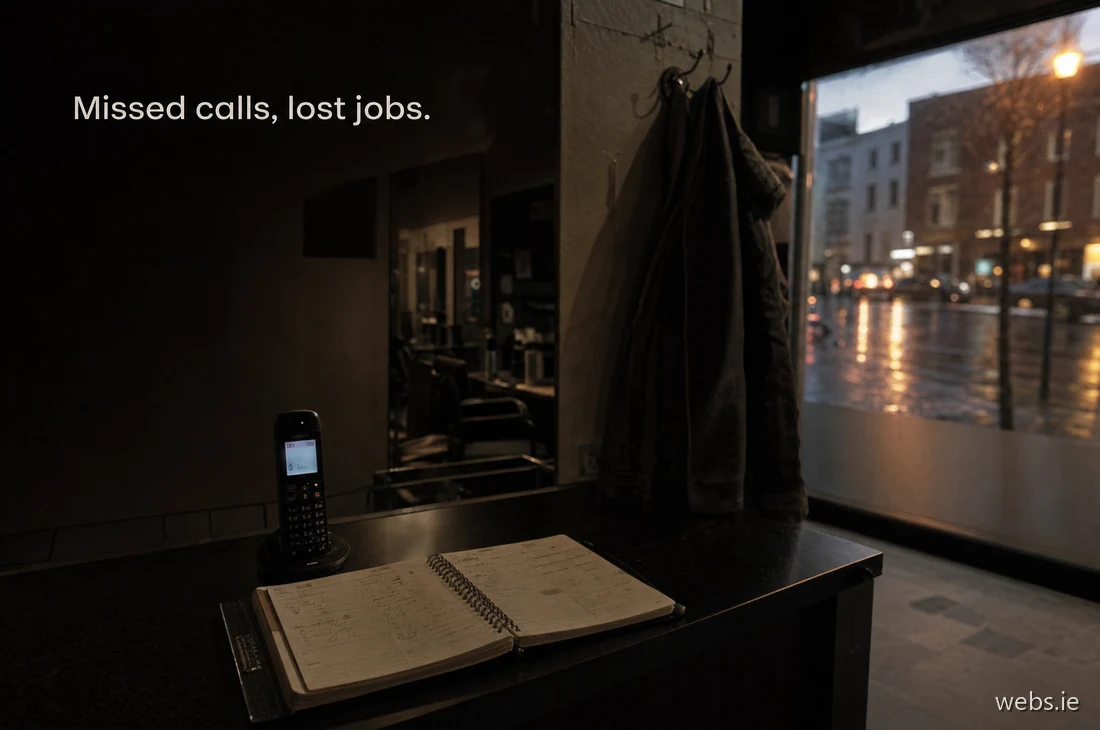Empty Dublin hairdresser reception counter at closing time, a cordless phone glowing with an incoming unanswered call, dusk light through the window