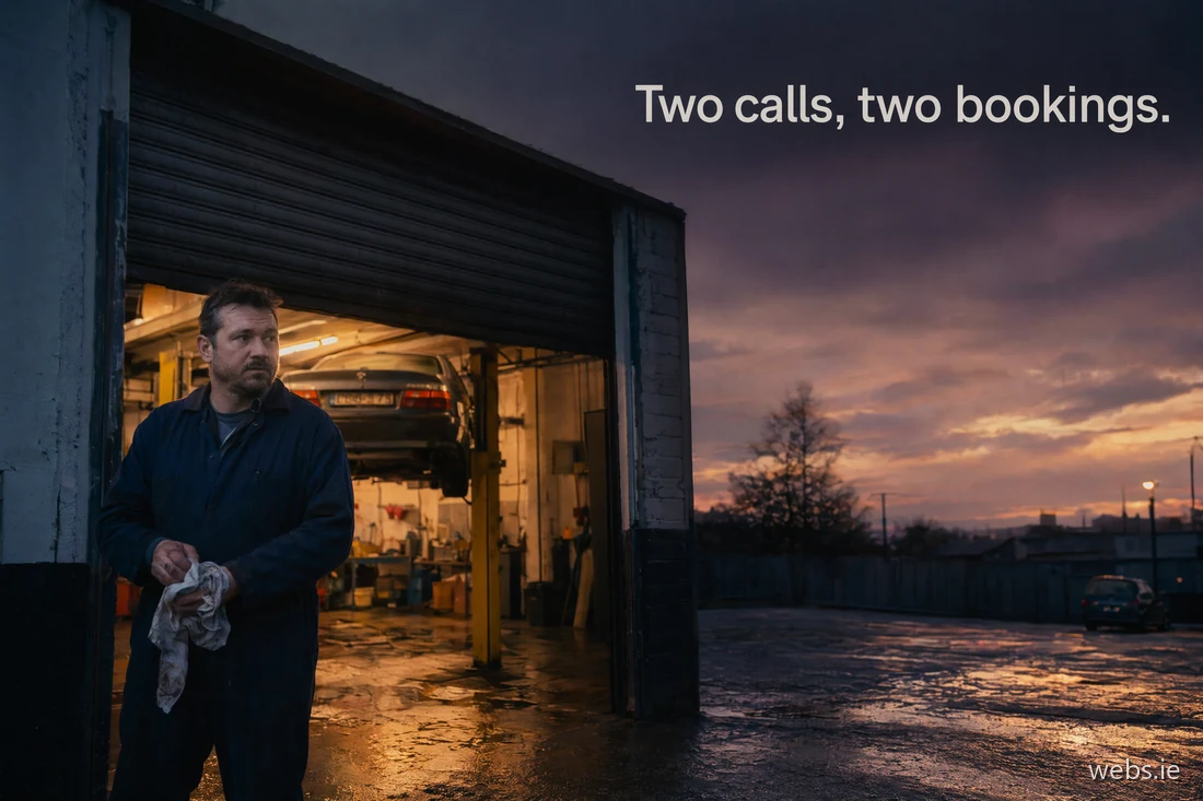 Dublin mechanic in his late thirties wipes his hands at a garage roller door at dusk, a car on the ramp inside — the AI is handling the call