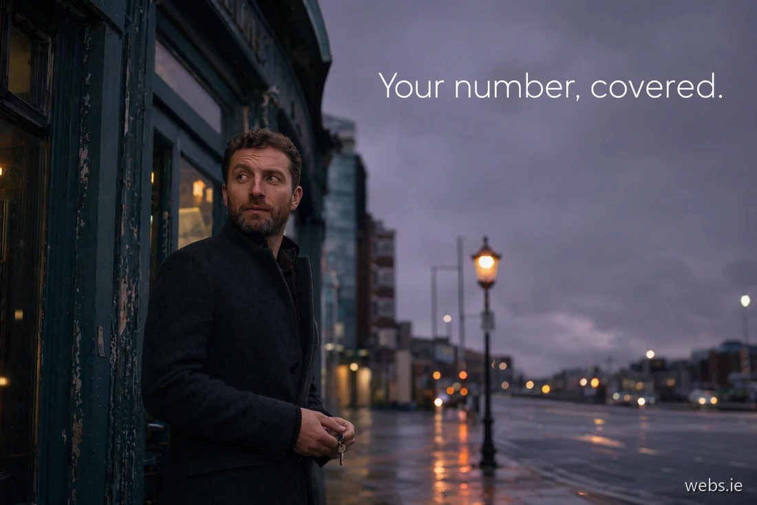 Irish small-business owner locks his teal shopfront door at dusk, relaxed with keys in hand — no phone needed, calls are covered