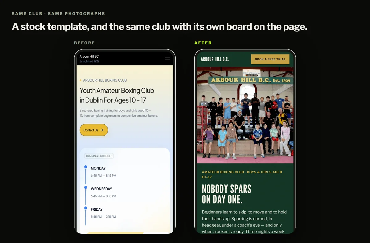 The old template site and the new site shown side by side on two phones