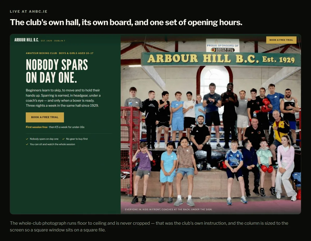The new Arbour Hill website on a desktop screen: the club nameboard, the headline, and the whole-club photograph running the full height of the page