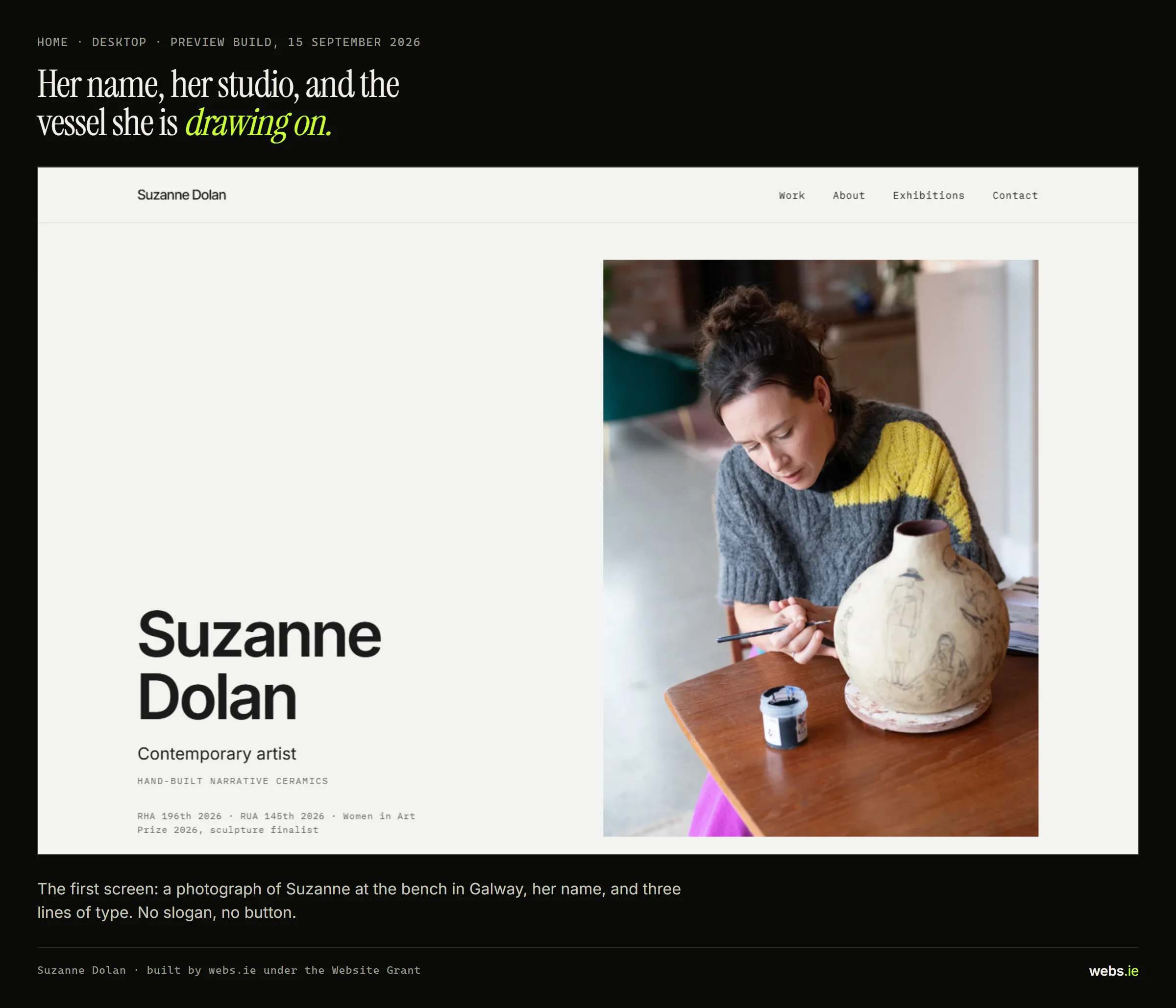 The home page of the new site on a desktop screen: the name Suzanne Dolan in large type, the line Contemporary artist, and a photograph of her at a bench drawing on an unfired vessel